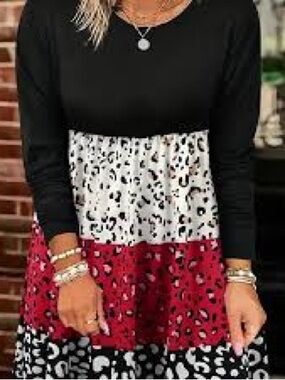 Tiered Leopard Midi Dress - Black, White & Red